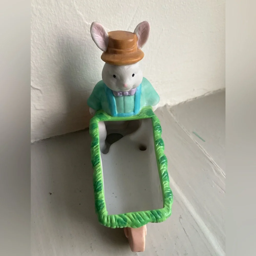 Ceramic Easter Bunny Rabbit Pushing Wheelbarrow